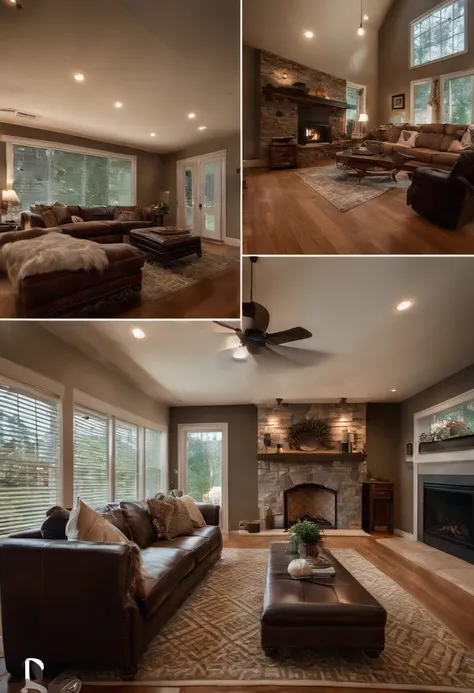 there is a living room with a couch, a table, and a fireplace, real estate photography, a wide full shot, detailed wide shot, big open floor, bottom angle, interior photography, listing image, high end interior, taken with canon 5d mk4, full length shot, a...