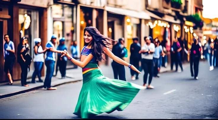 a female dancing in the street, spinning around, smile on her face --auto