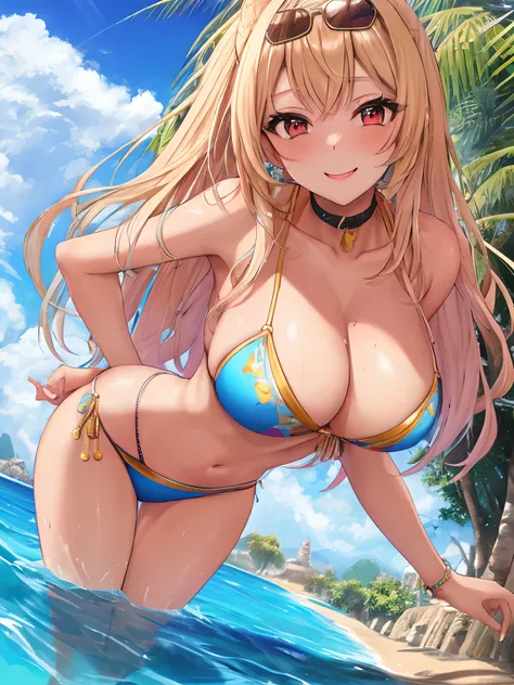 Gyaru chica con cabello rubio y ojos azules piel bronceada y una sonrisa y tacones altos y bikini, obra maestra, la mejor calidad