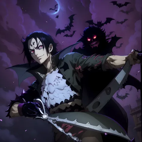 One piece manga, gecko moria, halloween theme, bats flying, vampire, dark theme, darkness vibe, terror, scissors, beautiful boy, gothic boy, vanitas, extreme long hair boy, vampire, pale skin, evil smile, kage kage no mi