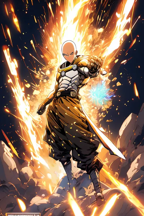 estilo anime ultra instinto ((saitama)) do anime one punch man,(((roupa colada no corpo de pvc completamente amarelas ))), (em b...