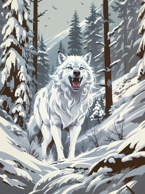 High quality design vector style image, t-shirt printing style, graphic art white wolf angry face, white background realistic colors, winter forest scene, graphic design style with color mix