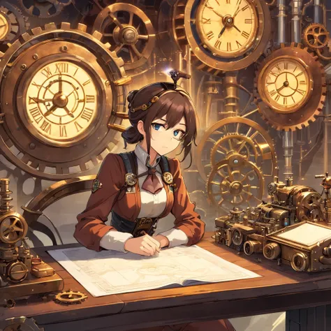 ((masterpiece)), (1girl), (steampunk theme:1.5), (mechanical elements:1.3), (goggles:1.2), (inventor:1.1), (engaged expression), (active pose),  (assorted gears:1.2), (steam-powered machinery), (blueprints),(flickering gaslights:1.1), (clockwork creations)...