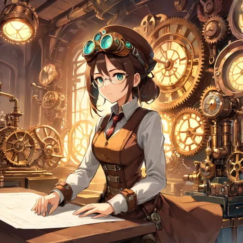 ((masterpiece)), (1girl), (steampunk theme:1.5), (mechanical elements:1.3), (goggles:1.2), (inventor:1.1), (engaged expression), (active pose),  (assorted gears:1.2), (steam-powered machinery), (blueprints),(flickering gaslights:1.1), (clockwork creations)...