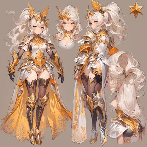 ((Masterpiece, Highest quality)), Detailed face, CharacterDesignSheet， full bodyesbian, Full of details, Multiple poses and expressions, Highly detailed, Depth, Many parts，Beautiful paladin，Holding a shield，double-ponytail，estilo fantasia，Orange caramel，Ex...