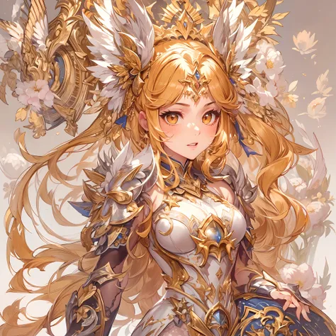 ((Masterpiece, Highest quality)), Detailed face, CharacterDesignSheet， full bodyesbian, Full of details, Multiple poses and expressions, Highly detailed, Depth, Many parts，Beautiful paladin，Holding a shield，double-ponytail，estilo fantasia，Orange caramel，Ex...