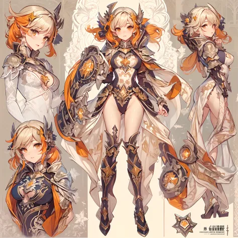 ((Masterpiece, Highest quality)), Detailed face, CharacterDesignSheet， full bodyesbian, Full of details, Multiple poses and expressions, Highly detailed, Depth, Many parts，Beautiful paladin，Holding a shield，double-ponytail，estilo fantasia，Orange caramel，Ex...