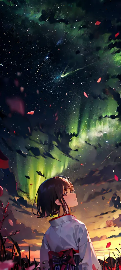 1girl, a distant girl kiss girl in a kimono gazing at the stars, (zoomed: 1.1), (meteor shower: 1.2), (comet: 1.1), your name, low angle, from behind, Northern Lights, meteors, yukata, red kimono, cherry blossoms, standing in the field, best quality, maste...