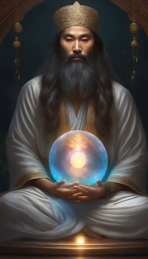 35 year old middle aged asian man，Long whit hair，long beard，Holding a glowing sphere in both hands，staring directly at camera，Cross-legged meditate, at centre，Clear facial features，Very bright colors, light Particle, with light glowing, Mushiv, Wallpaper A...