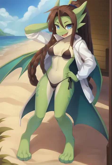 Draconic girl, brown hair, spiky hair, long dreadlocks ponytail, anime style, medium breasts, blue eyes, white jacket, open clothes, green draconic wings, high quality, detailed body, detailed eyes, detailed face, masterpiece, glistening body, best quality...