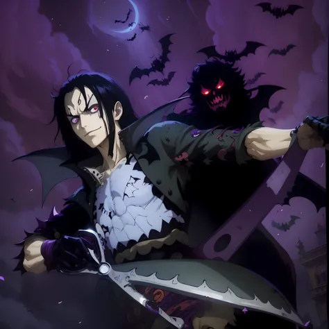 One piece manga, gecko moria, halloween theme, bats flying, vampire, dark theme, darkness vibe, terror, scissors, beautiful boy, gothic boy, vanitas, extreme long hair boy, vampire, pale skin, calm smile, kage kage no mi