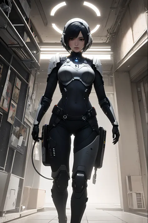 ((top-quality)), ((​masterpiece)), ((realisitic)), (detaileds), (Photorealsitic:1.5), Futuristic girl, japanes,(thick body), (white bodysuit), 23years old,lights on armor, Cybernetic Headwear, Exposure of the abdomen,Looking at the camera, dynamicposes, sc...