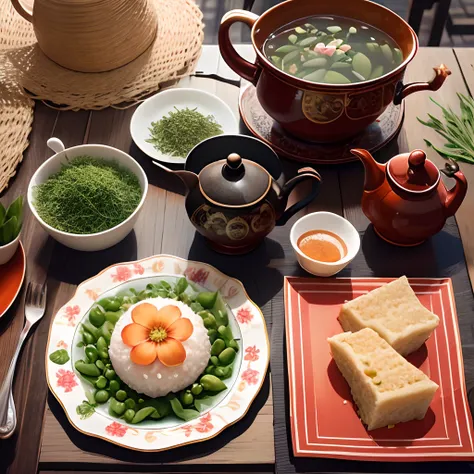 Masterpiece, HD, a poster, the theme is the Dragon Boat Festival, there are rice dumplings and tea, tableware, family, early summer, water drops, sunshine, clear sky, wormwood herbs,  , Draw a square yellow green bean cake, put it on a brown plate, put it ...