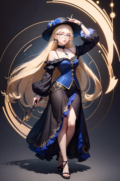 anime girl full body with sapphire blue eyes,blonde-haired , age 16,a round face, wearing a dark brown Pandora hat with blue flowers, wearing glasses Frame Black with Lens Clear and Shape Circle, wearing a long chain flower-shaped sterling gold necklace. b...