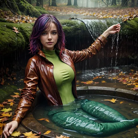 masterpiece, best quality, autumn outfit, colorful hair, outdoor,upper body, colorful autumnal clothes, ((fully clothed)), warm clothes, wet clothes, soaked, drenched, excited, wet hair, wet and slimy, water up to her chest, submerged, translucent, fantasy...