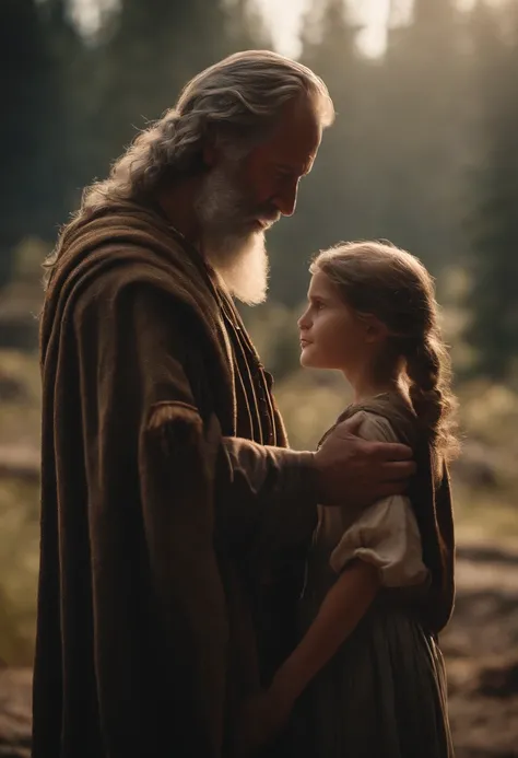 Portrait of Abraham saying goodbye to Ishmael, 7 year old girl, Land of Canaan, Ultra-realistic in 8K