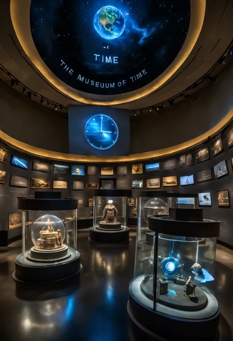 Imagine a vast, futuristic museum called "The Museum of Time" that showcases the greatest achievements and inventions of human history. It features interactive displays, holograms, and life-size replicas that tell the stories of these incredible accomplish...