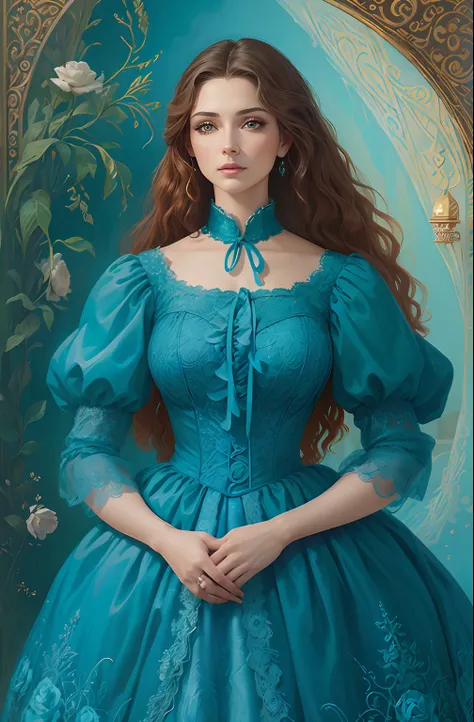 "In the style of Michael Cheval, a young woman stands before you, her fingers perfectly rendered and her beauty unmatched. Dressed in a stunning turquoise blue lace dress, she exudes elegance and grace, much like the actress Ariadne Díaz. Let your imaginat...