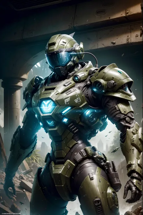 (Futuristic :1.4), Unidade de Busca e Salvamento,1 soldado, Searching the ruins with combat devices, ((futuristic armor And tactical helmet with black technological visor)), ((PLANETA verde no fundo)) , UHD, master part