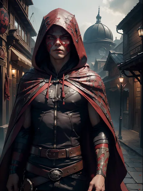 photorealistic 1man muscular with face paints, (((intricate dark red hood and cloak))), gloomy atmosphere, fog, (realistic:1.4), (by Greg Rutkowski: 1.2), (masterpiece), ((best quality)), extremely delicate and beautiful, illustration, dynamic lighting, dy...