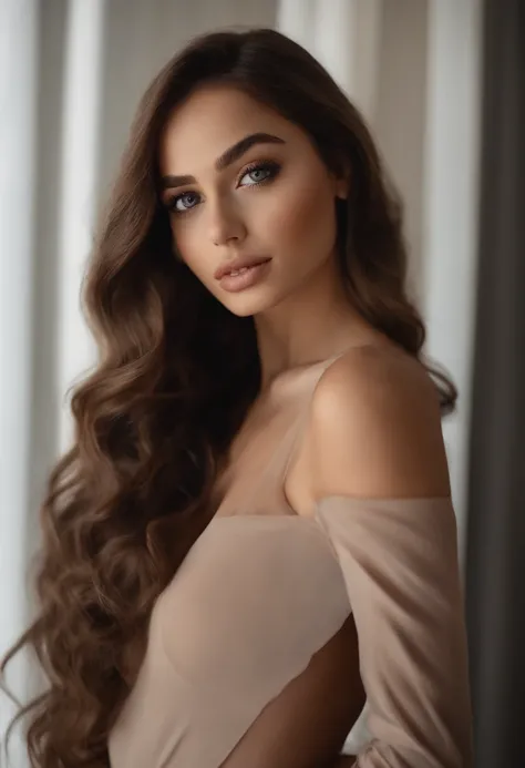 Arafed mulher completamente , Menina sexy com olhos castanhos, Ultra realista, meticulosamente detalhado, Retrato Sophie Mudd, cabelos castanhos e olhos grandes, selfie de uma jovem mulher, Olhos de Dubai, Violeta Myers, sem maquiagem, Maquiagem natural, s...