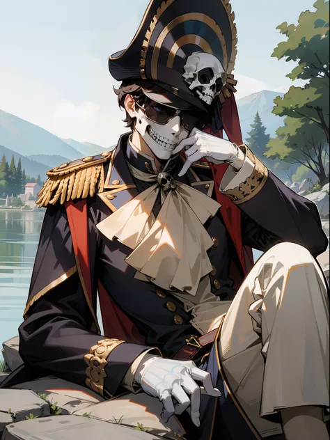 Napoleon Bonaparte with skull face, riverside, sitting on a rock, with Bicorne and Redingote.