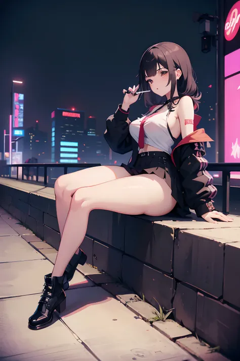 anime girl sitting on steps with a cigarette in her hand, artwork in the style of guweiz, punk anime girl, jet black haired cyberpunk girl, urban girl fanart, female punk anime girl, guweiz, anime style 4k, punk girl, guweiz on art station pixiv, guweiz on...