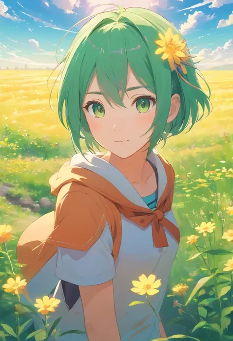 canvas，high qulity，High pixel，Little sister，clothes details，Avant-garde attire，Light green hair，psychedelic style，Colored pupils，rapeseed flower field，windmills，small stream，Character details