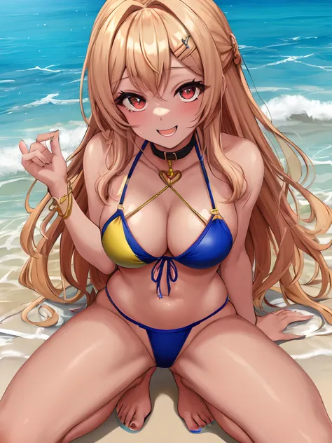 Gyaru chica con cabello rubio y ojos azules piel bronceada y una sonrisa y tacones altos y bikini, obra maestra, la mejor calidad