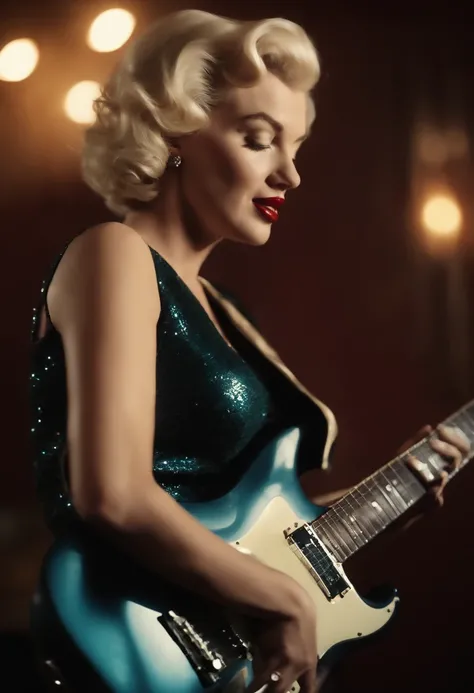 Marilyn Monroe plays electric guitar, color, intricate, perfect face , highly detailed, cinematic