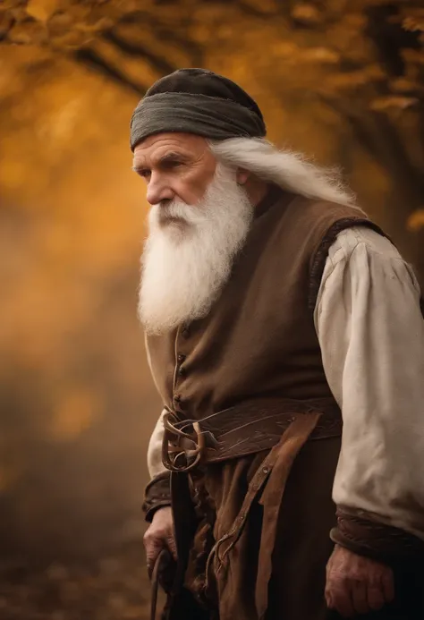 HD masterpiece, top-quality, hight resolution, 4K, Medieval, (((70-year-old male))) with  the (White beard), Strong Face Features, sin camisa, ((pot-bellied)) Walking in the autumn sand . There is steam, Bulky mist, Nuit, Frost, Background : Pentagram