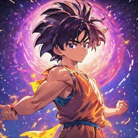 Dragon Ball, Son Goku, style of anime, neon circles, In the background galaxy