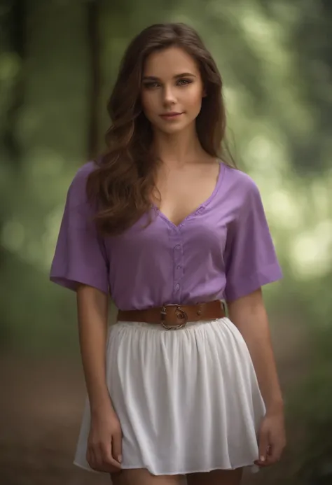 brown haired girl, doe brown eyed , detailed young  face,light skin,  face facing camera, full body view, slim and young girl, wearing a purple shirt  covering breast and a white skirt which is knee length  ,