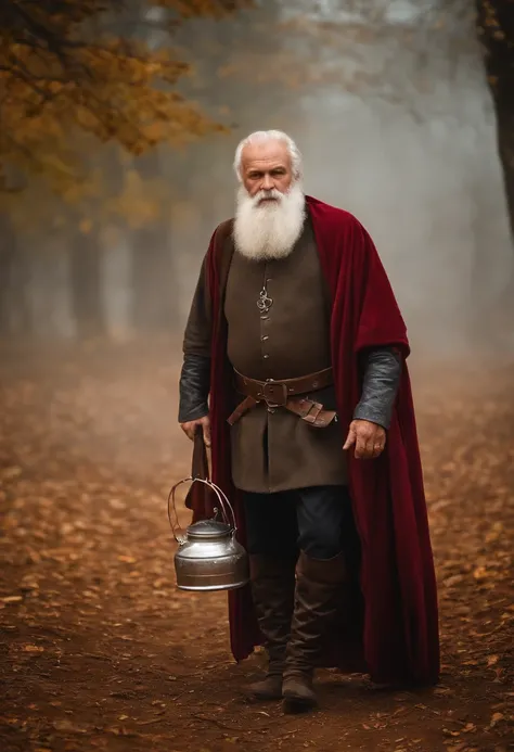 HD masterpiece, top-quality, hight resolution, 4K, Medieval, (((Male, 70 years old))) with  the (White beard), Strong Face Features, sin camisa, ((pot-bellied)) Walking in the autumn sand . There is steam, Bulky mist, Nuit, Frost, Background : Pentagram