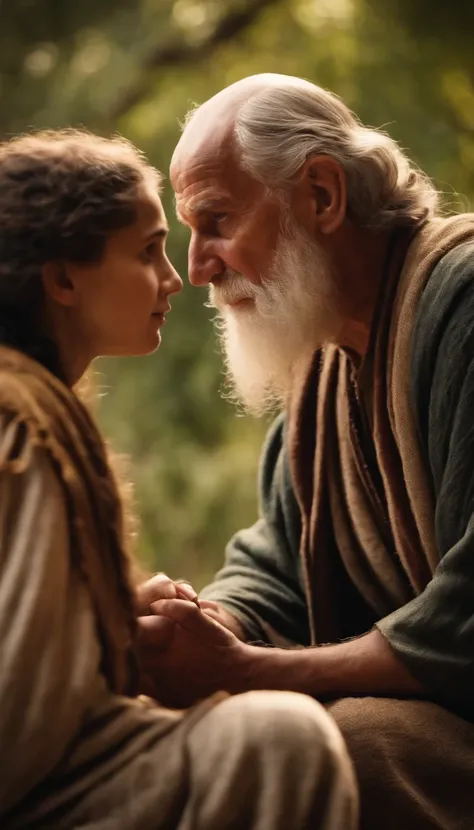 Old man talking with young daughter, Biblical characters from the New Testament of the Bible,