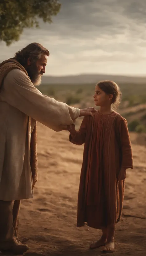 Portrait of Abraham saying goodbye to Ishmael, 7 year old girl, Land of Canaan, Ultra-realistic in 8K