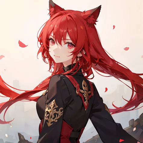 Fox ears、red hairs、sharp eye、a beauty girl、boyish、