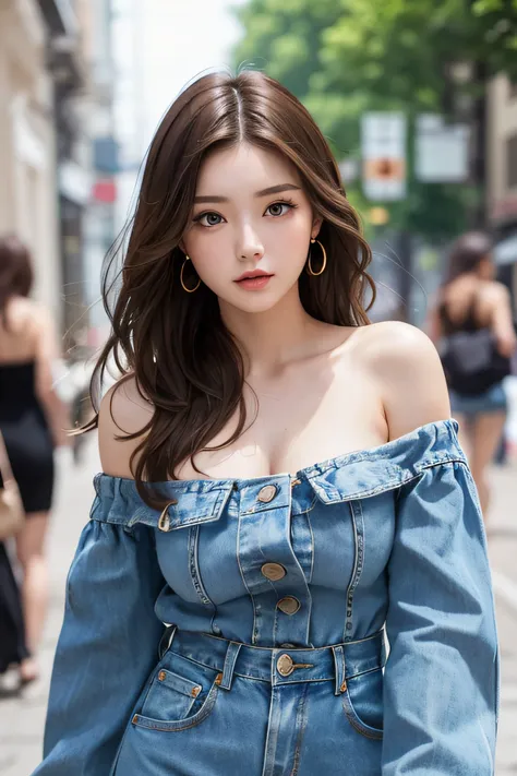 Masterpiece, Best Quality, 1 Girl, Brunette Hair, Bare Shoulders, Long Hair, off shoulder Dress, Denim Shot, Dynamic Pose, Dynamic Angle,