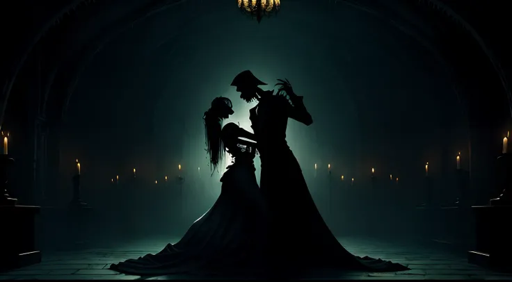 dancing, haunting and macabre atmosphere, with a sense of mystique and darkness. Incorporate elements that symbolize mortality and the passage of time, such as skeletons, hourglasses, gravestones. eerie greens to enhance the spooky ambiance, text The Dance...