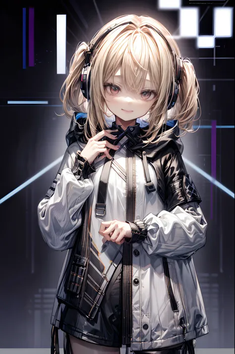 one girl, blonde hair, medium hair, long bangs, one braid on side, headphones, hair between eyes, fangs, smile, black oversized ...