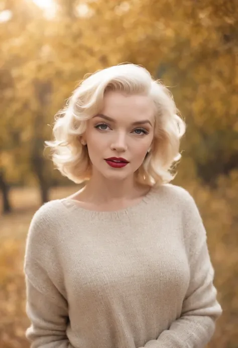 Marilyn Monroe wearing sweater, portrait, beautiful face, pretty eyes, outside, portrait, park, trees, teeth, eyes open, ward winning photo, best quality, upper body, JenniferConnelly, nikon d850 film stock photograph 4 kodak 400 camera f1.6 lens rich colo...