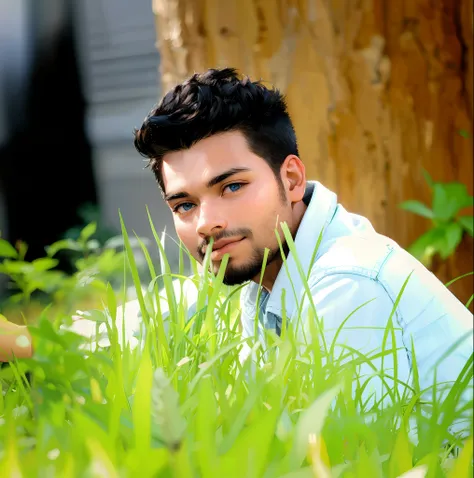 A young boy with，Wear a denim jacket，blue color eyes，sitting in park，Big tree in the background，Sunset and sunset，staring right into camera，Full body photo，Ultra-high definition and realistic face