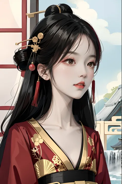 portrait,There is a woman in a hanfu dress posing for a photo,geisha hair ornament,oiran hair ornament, Expose large, Long bangs, with acient chinese clothes, Japanese clothes, Wearing ancient Chinese clothes, Palace ， A girl in Hanfu, Traditional Chinese ...