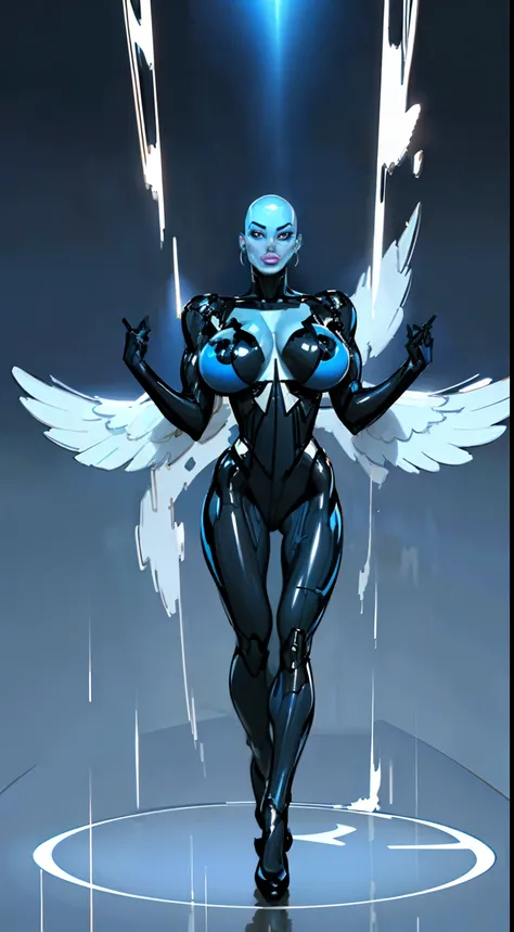 8k ((full body view:1.4)) (large eyes:1.3), defined cheekbones, 1woman, ((the pit style:1.4))((defined jawline:1.2)) ((sleek chrome bodysuit:1.6)) (detailed face:1.5), blue skin,(puffy lips:1.5) (blue skin:1.6), (bald woman:1.7), (skinhead) ((stands confid...