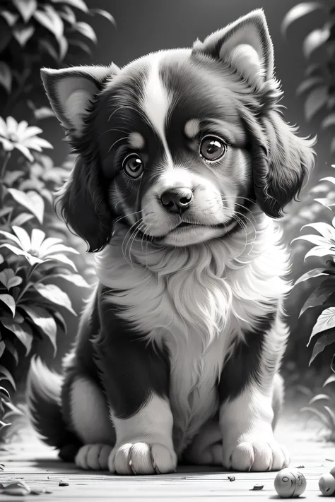 (best quality,ultra-detailed)(black and white,line drawing only) A cute puppy dog with adorable, expressive eyes, fluffy fur, and floppy ears. It has a playful expression and a wagging tail. The puppy is sitting in a garden filled with flowers and butterfl...