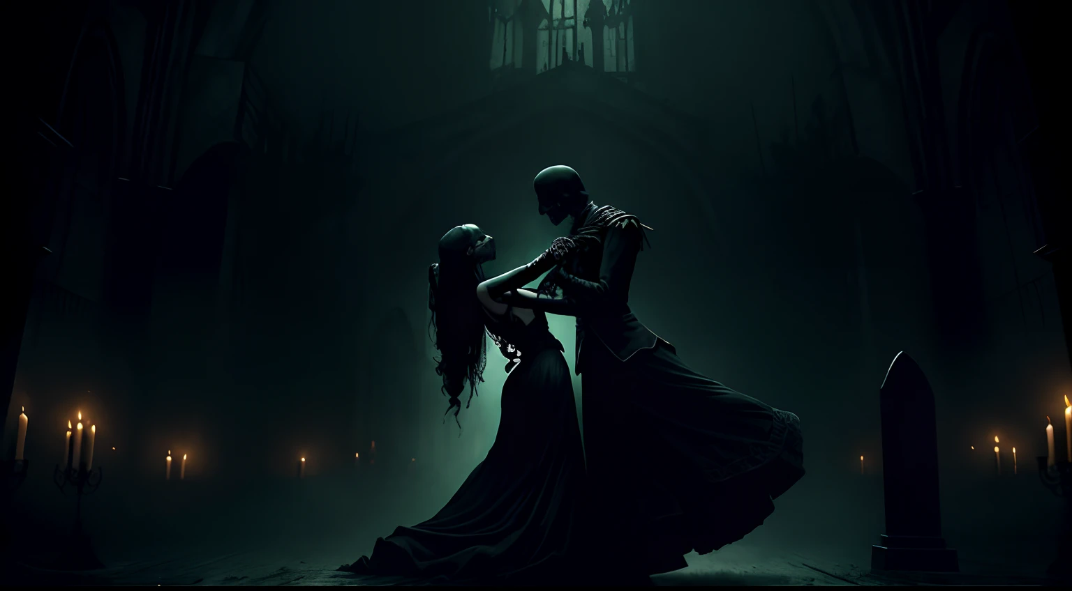 dancing, haunting and macabre atmosphere, with a sense of mystique and darkness. Incorporate elements that symbolize mortality and the passage of time, such as skeletons, hourglasses, gravestones. eerie greens to enhance the spooky ambiance, text The Dance...