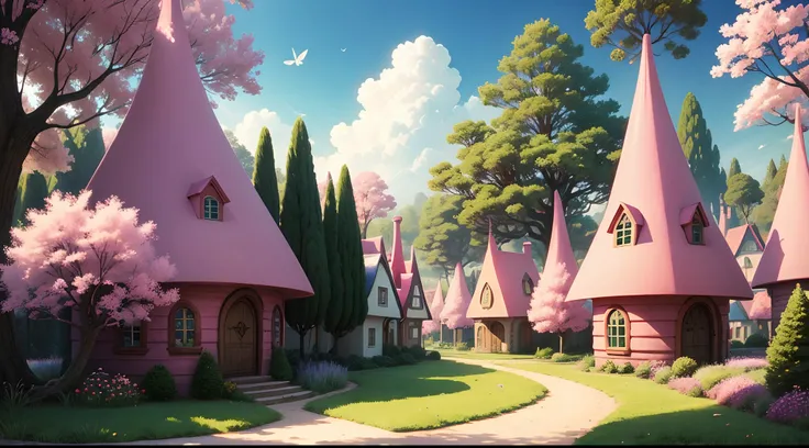 Cartoon fairy magical colony , pink tree , grass , magical houses , beautiful inverment, magical things flying in sky