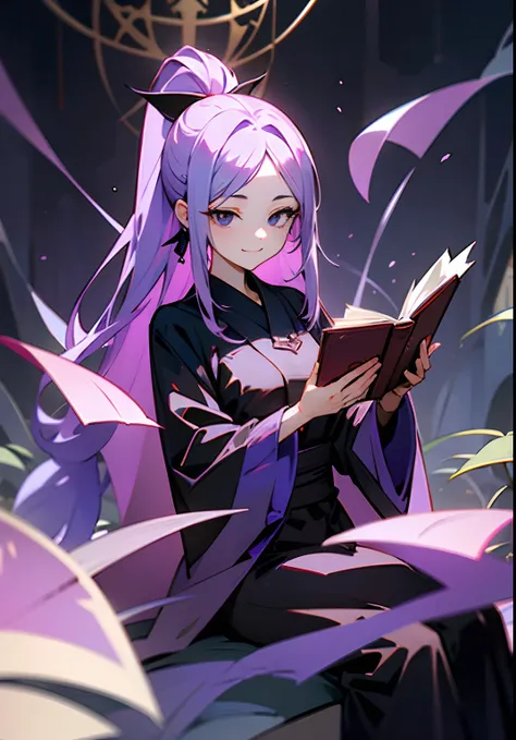 Sit cross-legged，Ruby on the forehead，lavender，Floating books，magia，Mage robes，Black eyes，Office-like environment，Vase with lavender，mistic，Eye-shaped gemstone on the neck，High ponytail，Adult female figure，Mysterious smile，Huge flowers in full bloom，A room...