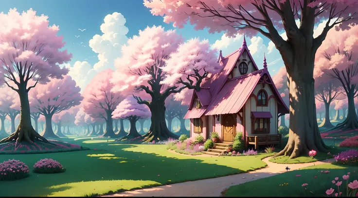 Cartoon fairy magical colony , pink tree , grass , magical houses , beautiful inverment, magical things flying in sky