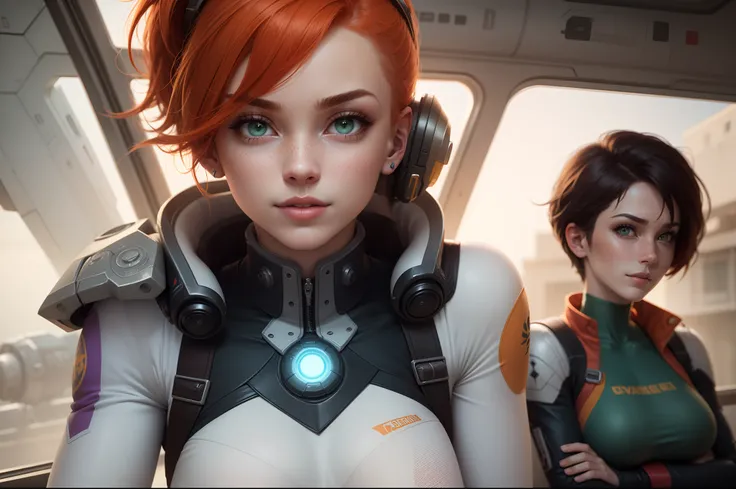 gwen tennyson,tracer,samus,rebecca chambers,overwatch,gundam,2girls kissing,close up,mecha pilot,space port,mecha space suit,space marine,pirate corset, white long sleeve lycra top,white leggings,short hair,war makeup,green eyes,orange hair,purple highligh...